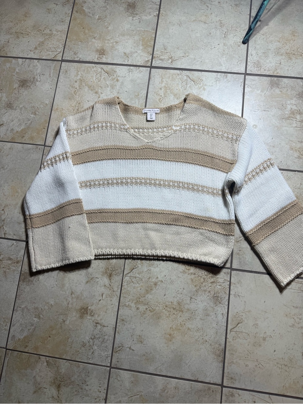 Sincerly Jules Cream & Tan Striped V-Neck Cropped Sweater